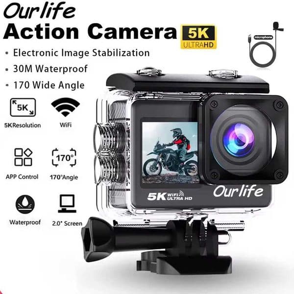 Ourlife 5K Action Camera 4K60F 20 Inch Touch Screen WiFi 170 Wide Angle 30M Waterproof Bicycle Motorcycles Sports Cameras T260521