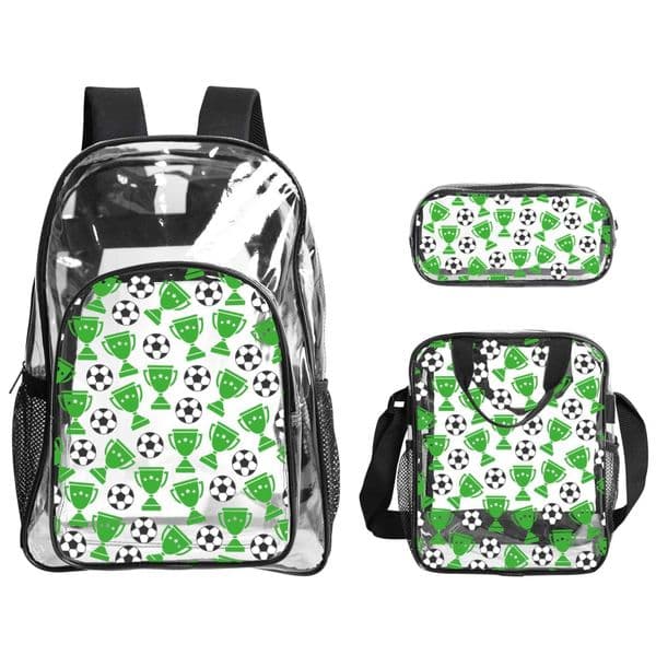 POD.DIY Designer Soccer Trophy Print Clear PVC Backpack Set Stadium Approved 3 Piece Transparent School Bag