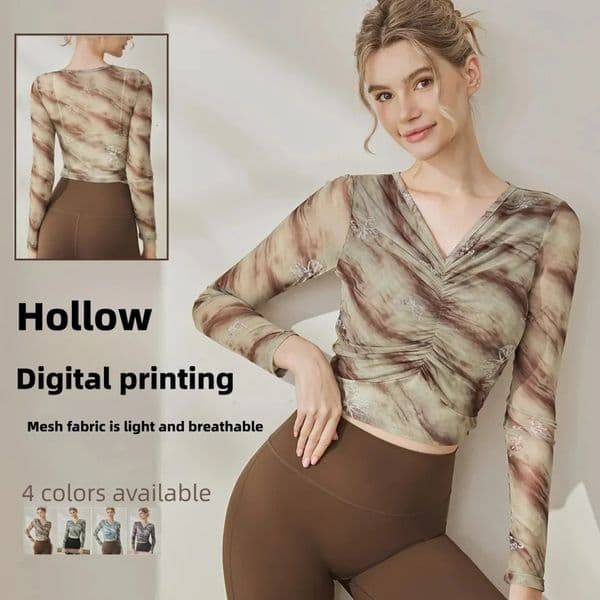 Womens Mesh VNeck Yoga Top Printed Long Sleeve Breathable QuickDry Sports TShirt Outdoor Fitness Running Pilates Training 260521
