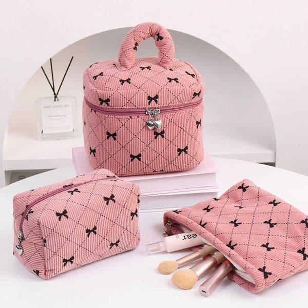 Fashion Bow Women Corduroy Makeup Storage Bag Large Capacity Travel Organizer Cosmetic Pouch Small Handbag Zipper Clutch Bag M260521