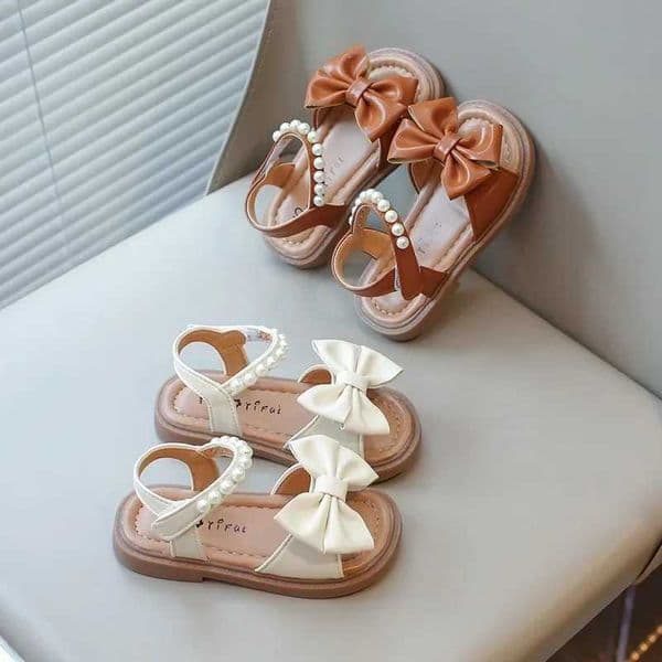 Toddlers Girls Leather Sandals Princess Soft with Pearls Bowtie Sweet Children Holiday Sandals Chic Open Toes Kids Summer ShoesR260521