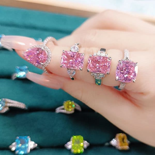 S925 Pure Silver High-Carbon Ring, Luxurious And Elegant, 5-Flame Ice Flower Cut Pink Diamond Colored Gemstone Ring
