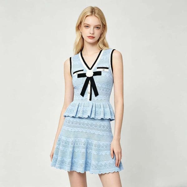 French Tweed Style Black & White Knit Two-Piece Set, Sleeveless V-Neck Vest + A-Line Skirt with Camellia Bow Detail Breathable Thin