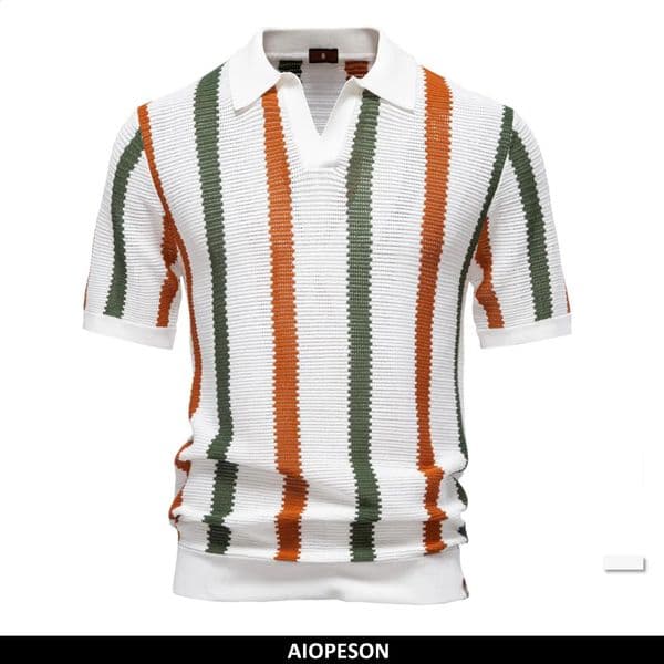 AIOPESON Mens Ribbed Knit Polo Shirt For Breathable Striped Casual Wear with Comfortable Collar High quality Male 260506