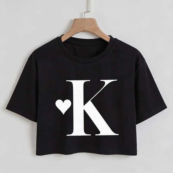 90s Heart Cropped T Shirt with A Letter K Print Gothic Vintage Y2k Sexy Crop Tops Womens Crew Neck Short Sleeve T-shirt Z260521