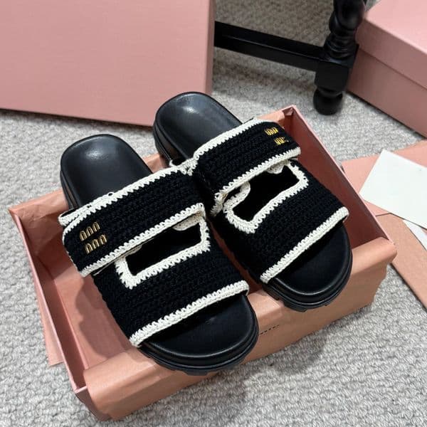 Designer Sandals MM Slippers Womens Fashion Raffia-effect Woven Fabric Slides White Natural Flat Slipper Summer Beach Indoor Slide Women Flip Flops Sandals