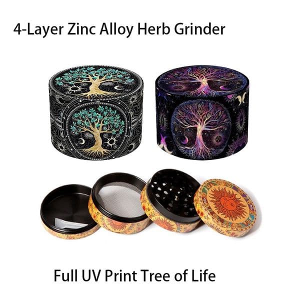 50mm 4-Layer Zinc Alloy Herb Grinder, Full UV Print Tree of Life & Sun Moon Metal Tobacco Grinder