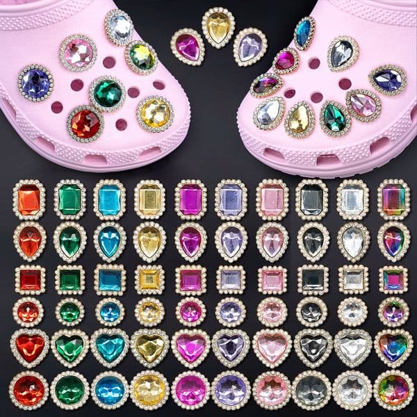 Luxury Metal Gemstone Shoe Charm Colorful Crystal Rhinestone Heart Round Square Teardrop Shoe Decoration