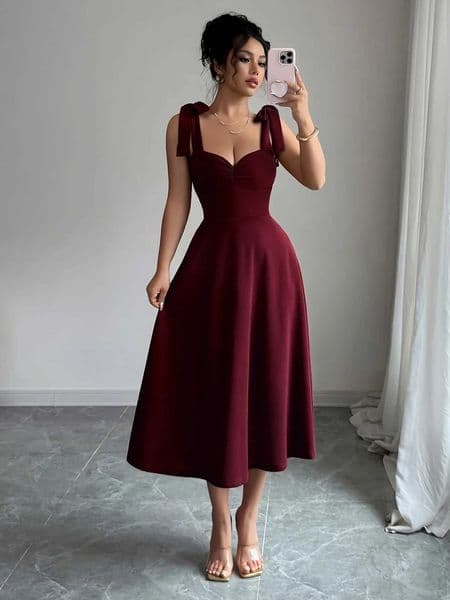 Womens elegant shoulder strap tie design cinched waist large A-line long dress suitable for dates and parties H260521