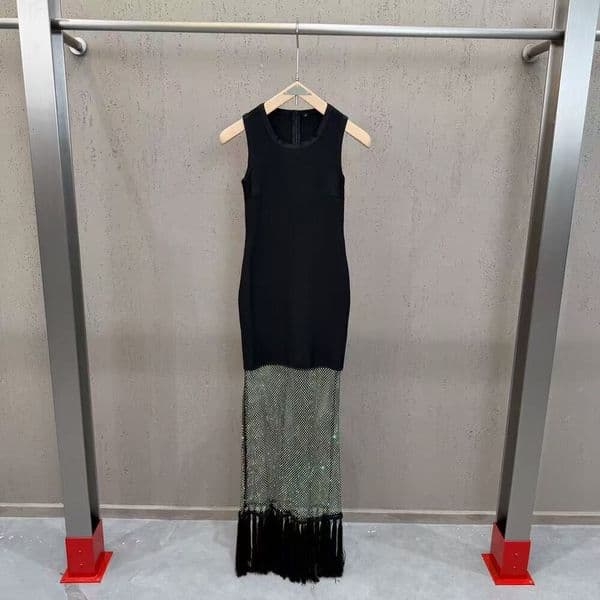 designer women's clothing 2026 Cross-border formal back zipper, sleeveless, hem with mesh and rhinestone tassels, elegant long dress, little black dress