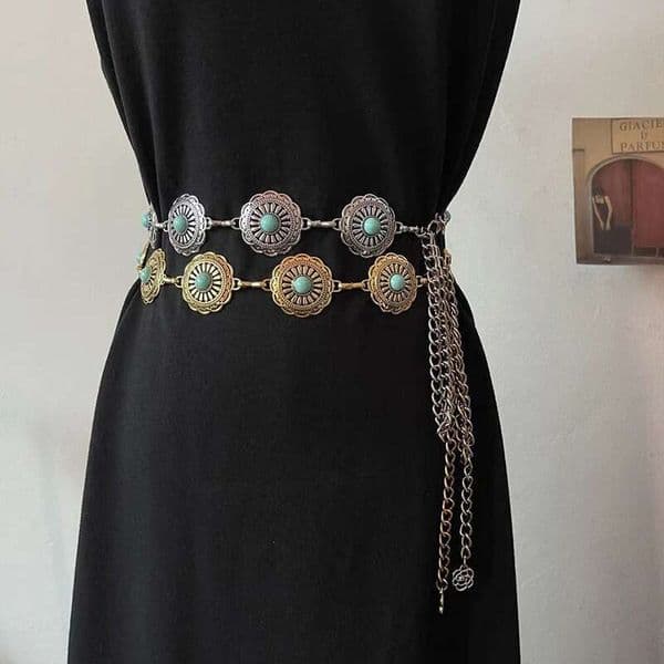 Vintage Bohemian Style Imitation Turquoise Waist Women, Fine Decoration for Dresses and Shirts, Metal Chain Belt Accessory