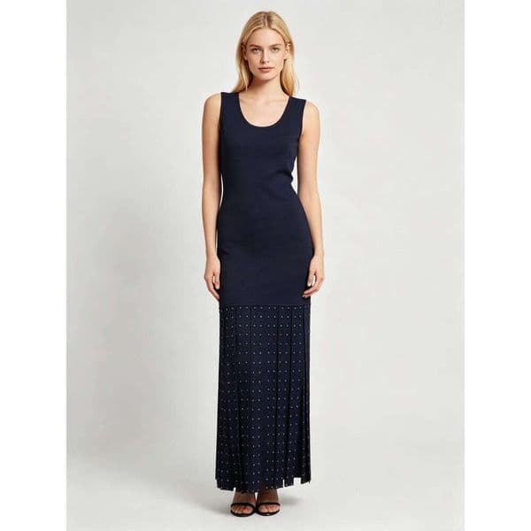 French Minimalist Multi-Color Sleeveless Knit Tank Dress, Crew Neck Fitted Rhinestone Tassel Hem Midi Dress Skin Friendly Soft