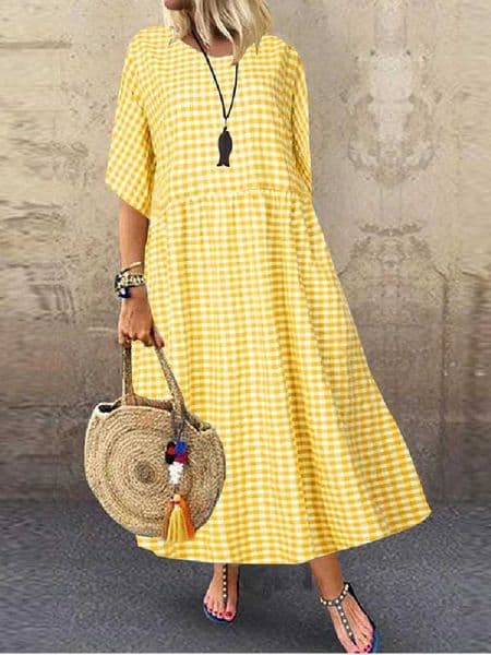 ZANZEA Women 2024 Summer Bohemian Maxi Dress Elegant Plaid Check Printed Robe Fashion Casual Holiday A Line Long Dress Oversize M260521