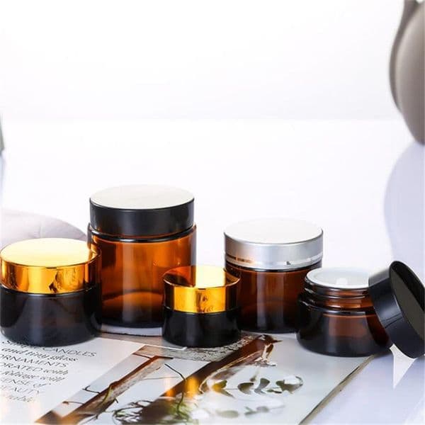 30g Empty Amber Glass Jars Face Cream Bottle Containers with Inner Liners and Gold Silver Black Lids Tax Duty Free HJ