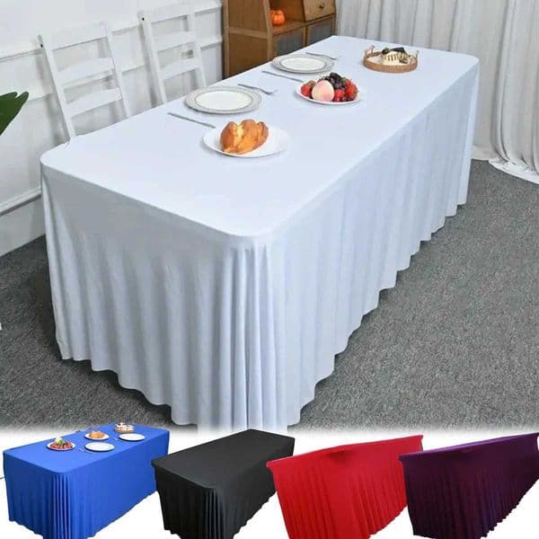 1PC Rectangle Table Skirts Polyester Fitted Table Cover White Black TableCloth Cover TableSkirt Party Wedding Event Decoration L260521