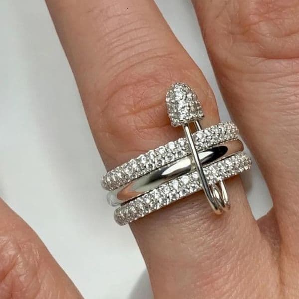 Designer Jewellery High Quality Non Tarnish Triple Connector Cubic Zirconia Safety Pin Ring for Women Men Textured Unisex Jewelry Gift Wedding Anniversary Party thumbnail 2