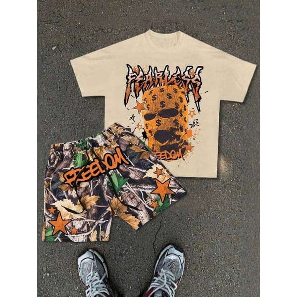 Men's Summer Short-Sleeve Casual Set "Fearless" Personalized T-Shirt + "Freedom" Camouflage Shorts Set, New Street Fashion Trend 26Y0521