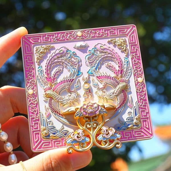 Phoenix Perch Cloud Handheld Mirror, Traditional Chinese Style Portable Makeup Mirror with Embossed Phoenix & Peony Design, Cultural Creative Gift