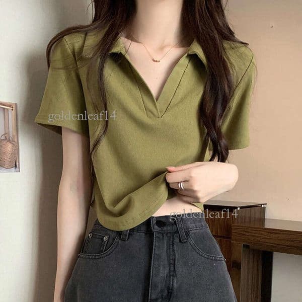 Green polo collar short-sleeve T-shirt for women, short style, summer slim fit, V-neck, solid color, curved hem, regular shoulder, white top 548