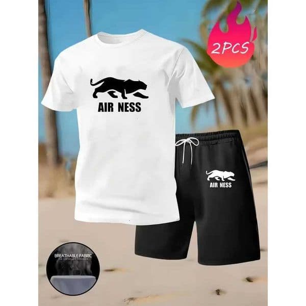 2-Piece Set AIR NESS Leopard Print Lettering Mens Short Sleeve T-Shirt Shorts Set Breathable Quick-Dry Round Neck T-ShirtT260521