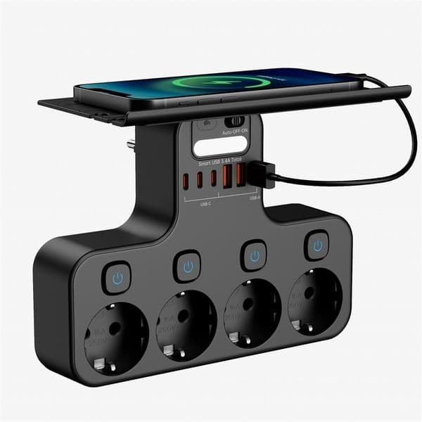 4000W EU Multifunction Socket Smart Night Light Individual Switch EU Plug 4 AC Power Strip with Phone Holder 2 USB-A 2 USB-C 260511ww