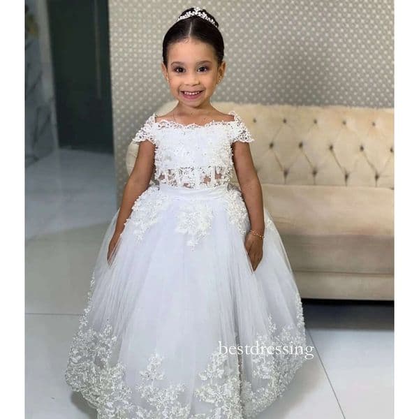 2026 White Flower Girl Dresses For Weddings Short Sleeves Rhinestone Crystal Beads Pearls Ball Gown Girls Pageant Dress Kids Communion Gowns Wi Bow Floor Bd521
