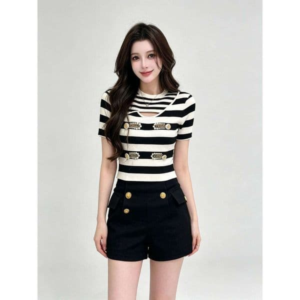 French Style Black White Striped Knit Top Women Round Neck with Cutout Detail & Embellished Buttons Daily Office Lady
