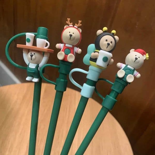 1 PC Cute Bear Straw Toppers Dust-proof Silicone Straw Cover Cup Drinking Dust Cap Accessories for 6-8mm Straw T260520