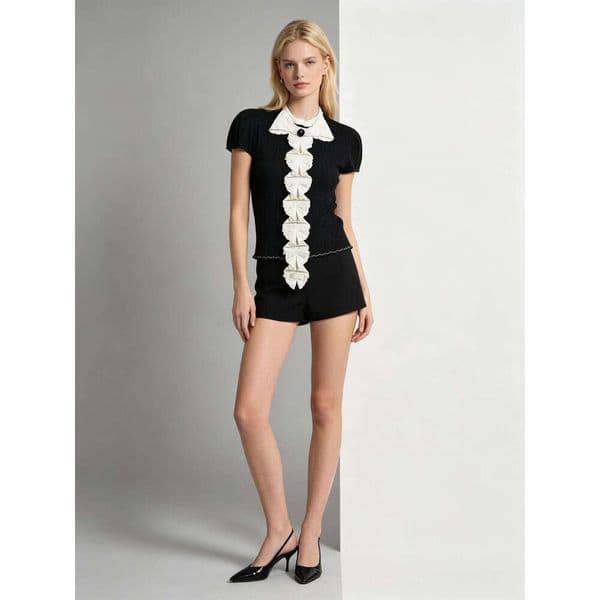 Women's French Vintage Knit Top with Ruffled Lace Collar & Bow Detail - Black and White Elegant Blouse Breathable Thin
