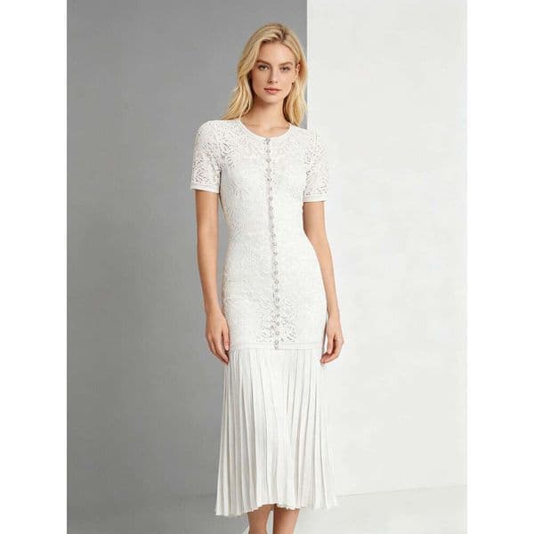 French Elegant White Lace & Knit Midi Dress, Round Neck Short Sleeve Fitted Pleated Evening Gown Sleeve Casual Daily