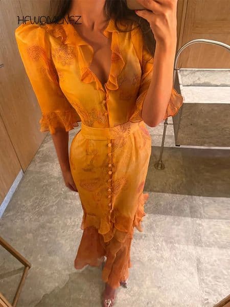 Casual Printed Slim Dress Women Half Sleeve V-Neck Waist-Closed Hip Package Ruffle Dresses Female 2026 Spring Summer Lady Robe 260515