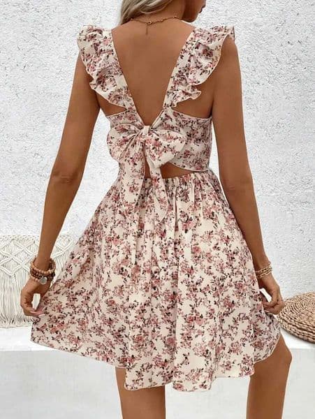 Womens Printed Hollow out Hem Ruffle Trim Dress Casual Beach Vacation Outfit Floral Summer Dress Evening Dresses 2026 M260521