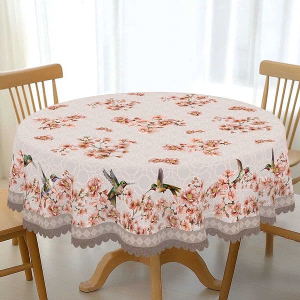 Tablecloth in Round and Rectangular Shapes Available in Various Sizes with Light Pink Base Pattern and Soft Pink Flor L260521