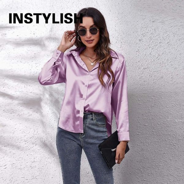 Women Elegant Satin Shirt Casual Long Sleeve Fake Silk Blouse Spring Summer Office Lady Tops Female Simple All Match Clothing 260521