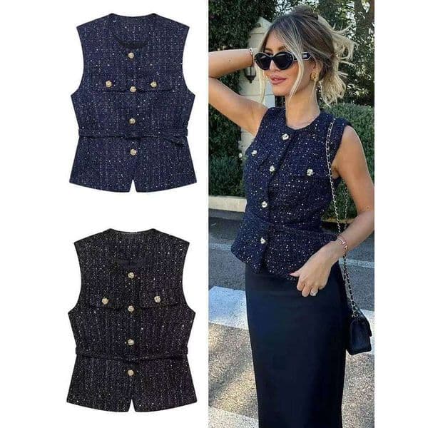 HH Women Fashion Tweed Belt Waistcoat O Neck Single Breasted Sleeveless Vests Spring Summer Office Lady Outerwear Chic Tops 26W0521