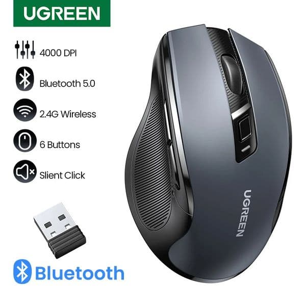 UGREEN Wireless Mouse Bluetooth50 Mouse Ergonomic 4000DPI 6 Mute Buttons Mouse For Tablet Laptops Computer PC 24G Mice 260521