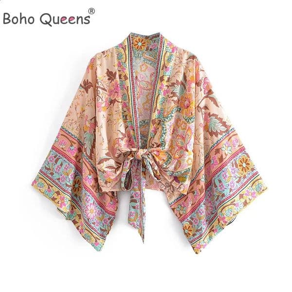 Boho Queens Vintage Floral Print Sashes Short Kimono Women Fashion V Neck Batwing Sleeves Ladies Beach Robe Cover-ups 260520