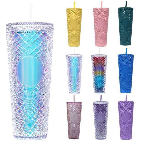 710ML Diamond Radiant coffee cup With Lid and Straw Water Mug Tumbler Cup Double Layer Plastic Coffee Mug Large Capacity T260520
