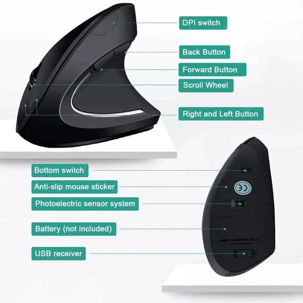 HOMEFISH Vertical Mouse Ergonomic 24GHz Wireless Optical Mice 3 Adjustable DPI 800/1200/1600 6 Buttons for Laptop PC Computer 260521