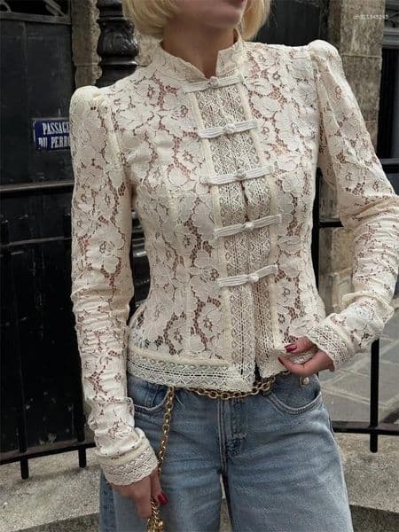 Women's Blouses Tossy Summer Lace Printed Shirts Tops Female Hollow Out Fashion Commute Vintage See-Through Blouse Shrug