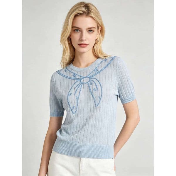 Versatile Knit Blouse with Round Neck, Bow Embroidery & Openwork Texture - Office Wear Maxi Long Dress