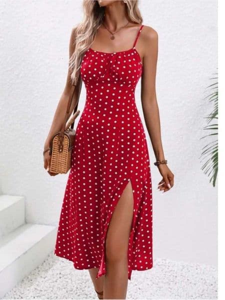 New Summer Sexy Spaghetti Straps Dress Women Fashion Polka Dot Print Sleeveless Slit Dress Boho Casual Beach Midi Dresses H260521