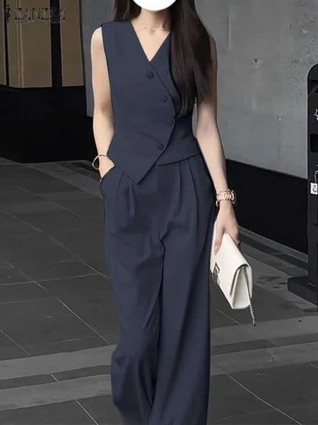 ZANZEA Elegant Summer Sleeveless Tops Wide Leg Trousers 2 Piece Sets Solid Office Lady Outfits Women OL Work Pants Sets 2PCST260520