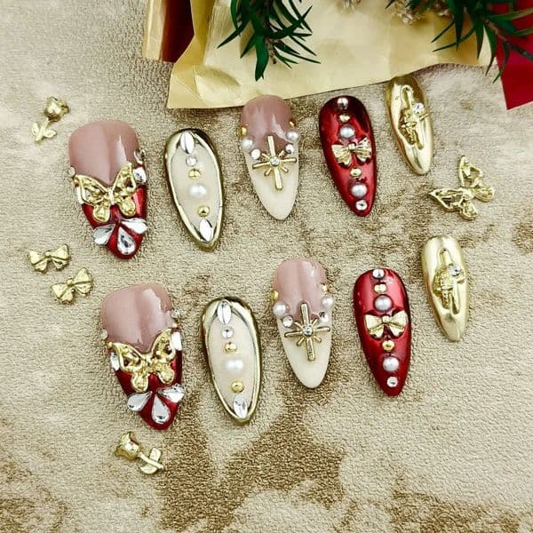 Red festive handmade pressed fake nails artificial long pointed styles adhesive Year gifts 260521