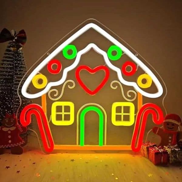 Gingerbread Houses Neon Sign Carving Christmas Lights House Window Decorations LED Light Up Sign L260522