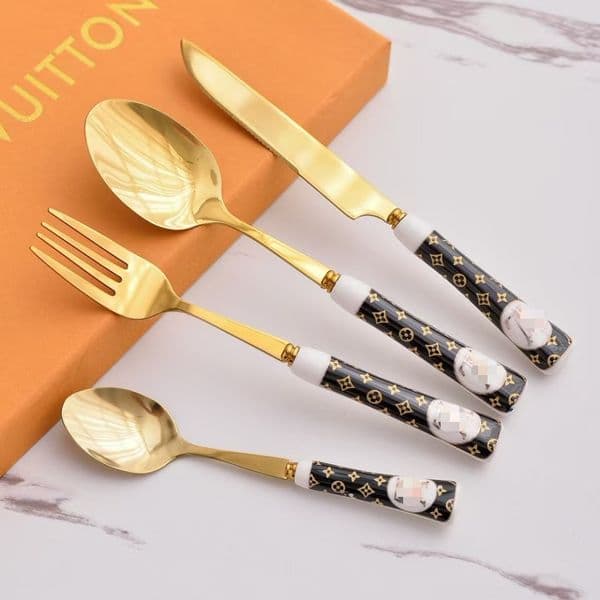 Luxury Gold Plated Cutlery Set, 4PCS Stainless Steel Flatware with Monogram Pattern Handles, Black Gold Utensils for Dining Gifting