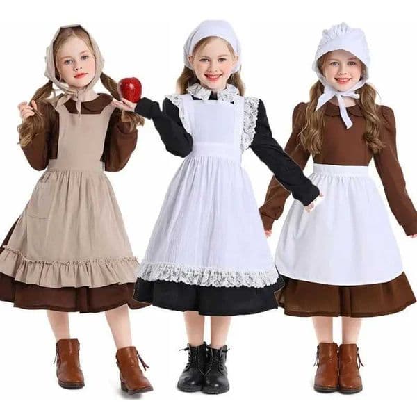 Pilgrim Costume Colonial Farm Village Girl Costumes Pioneer Prairie Dress 2-4Y 4-10Y 10-16Y Tween Teens L260522