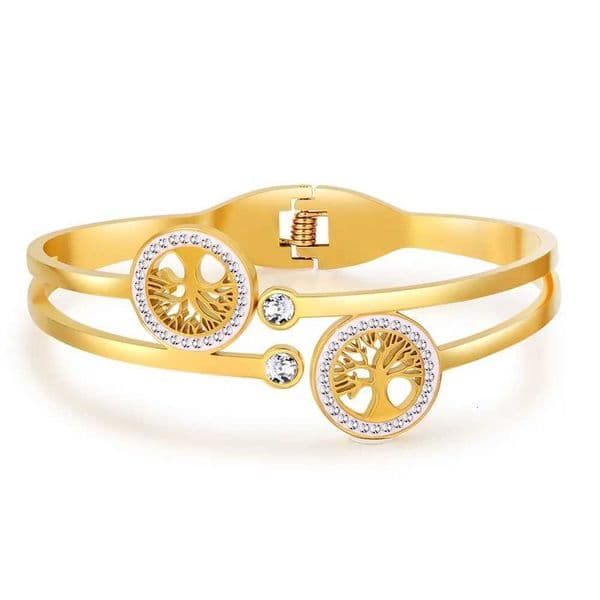 Luxury Stainless Steel Tree of Life Open Bracelet For Women Men Gold-color Cubic Zircon No Fade Color Lucky Cuff Bangle Jewelry H260522