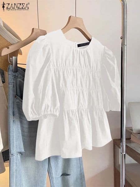 ZANZEA Women Summer Tops Short Sleeve Blouse Casual Solid Color Tunic Female Ruffled Round Neck Pleated Blusas Oversized 260521