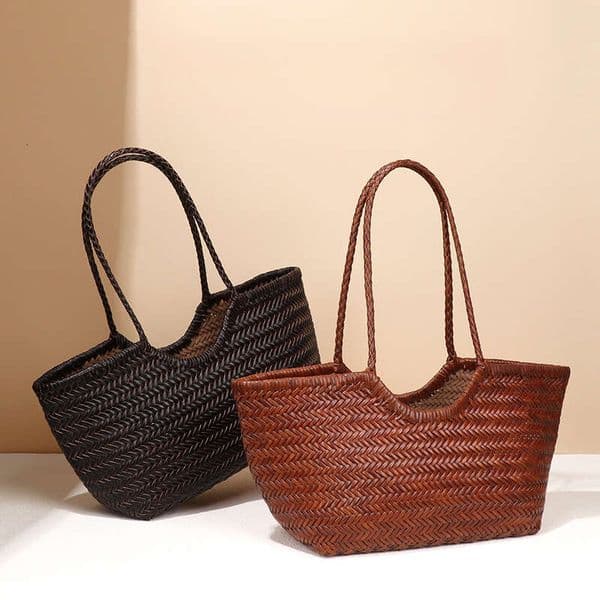 New Women's Spring Summer French Retro Tote Genuine Leather Woven Basket Ins Style Irregular Shoulder Bag